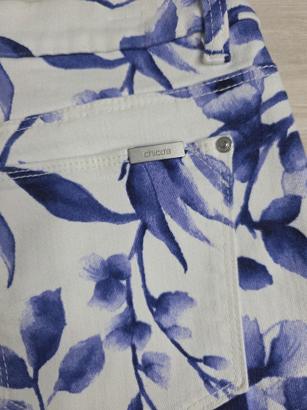 Chico's Floral Print Slimming Girlfriend Crop Pants - Blue on White - Picture 4 of 7